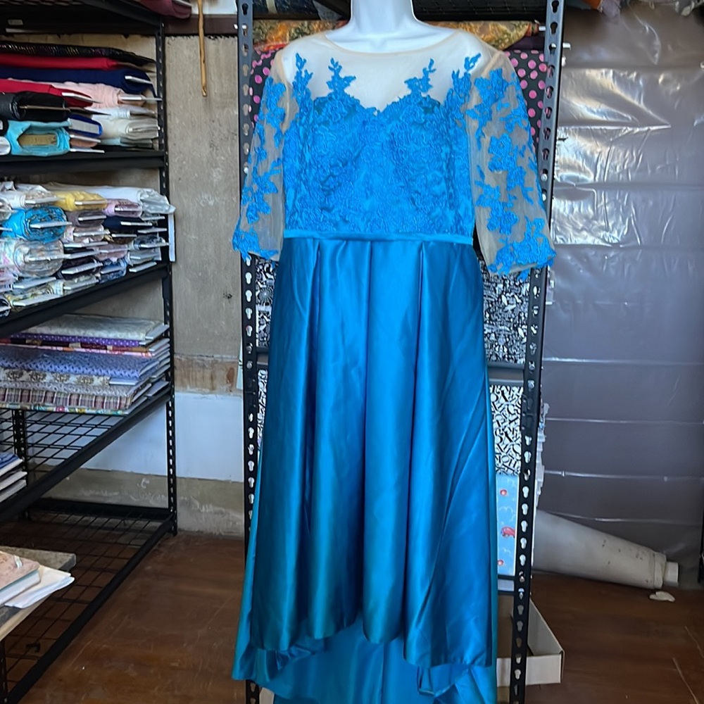 LT Lan Ting Turquoise Blue Satin & Lace Hi-Lo Bridal Dress